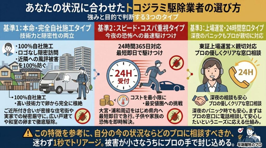 さいたま市・埼玉県のトコジラミ駆除業者を選ぶ3つのタイプ別基準の図解。近所バレを防ぐ完全自社施工の本命業者、最短即日で最安値圏に挑戦するスピード重視業者、東証上場企業が運営する24時間対応窓口の特徴を解説。