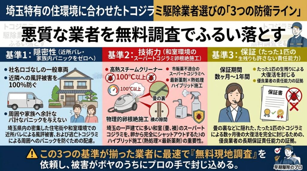 さいたま市・埼玉県のトコジラミ駆除業者を選ぶ3つの絶対基準の図解。近所バレや家庭内パンデミックを防ぐロゴなし一般車両、一戸建ての和室・畳の隙間の卵まで全滅させる100℃高熱スチーム処理技術、施工後の長期再発無料保証制度の重要性を解説