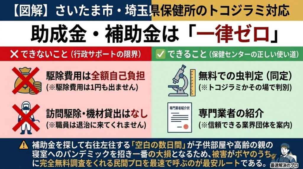 さいたま市と埼玉県保健所のトコジラミ対応の現実を解説した図解。埼玉県内全域で一般家庭への駆除費用の助成金・補助金は一律ゼロ（全額自己負担）。保健センターができることは無料の虫判定と専門業者の紹介のみであることを解説。