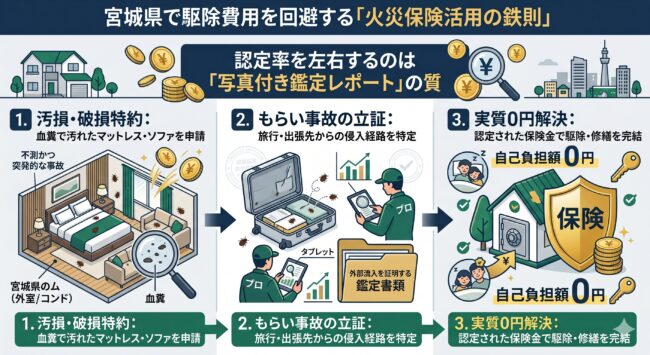 宮城県（仙台市）の住宅でトコジラミ駆除費用を火災保険で実質0円にするための活用術解説図。高級家財（マットレス・ソファ）の血糞汚れを「汚損・破損特約」で申請する仕組みと、旅行等の持ち込みによる侵入経路を論理的に立証するプロの鑑定レポートの重要性を可視化。補助金ゼロの現状を、既にある保険という権利で突破するフローを示すインフォグラフィック。