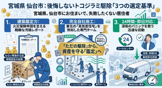 宮城県（仙台市）でのトコジラミ駆除業者選びの基準を解説した図解。東北特有の高気密住宅を熟知した「トコジラミ専門チームによる完全自社施工」、火災保険申請に不可欠な「建築的視点での汚損鑑定レポート作成力」、そして深夜の被害にも対応する「24時間・即日調査体制」の3大ポイントを可視化。補助金がない現状を、保険活用と確かな技術で突破し、資産価値を実質0円で守るための業者選定フローを示すインフォグラフィック。