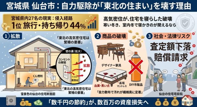 宮城県（仙台市）の戸建て住宅におけるトコジラミ自力駆除のリスクを解説した図解。独自調査（持ち込み被害44%）に基づき、東北特有の高気密な住宅でバルサンや市販薬を使うことが、トコジラミを壁の裏（断熱材・共有ダクト）へ全館拡散させる「負の連鎖」を可視化。高級家具の汚損や、隣家からの賠償請求といった法的リスクに繋がる絶望のシナリオを示し、密集地こそ「封じ込め施工」が必要であることを示すインフォグラフィック。