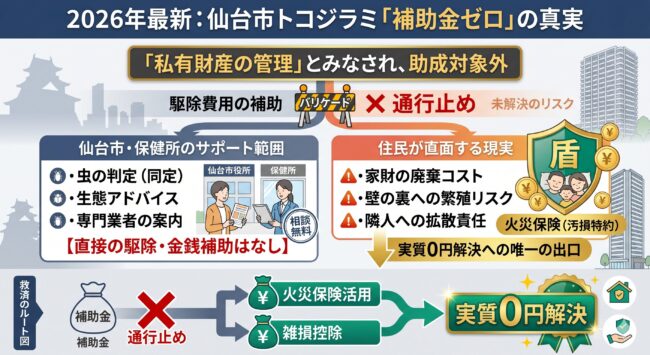 2026年度の仙台市におけるトコジラミ駆除補助金の実態解説図。仙台市保健所が行う「無料相談・虫の判定」の範囲と、住民が負うべき「高額な駆除費用・壁裏への繁殖リスク・高級家財の損失」を対比。トコジラミが「私有財産の管理問題」とみなされ公費助成が出ない法的理由を論理的に示し、補助金を探すより「火災保険の汚損特約」という実利的な資産防衛へ即座に舵を切るべきであることを示すインフォグラフィック。