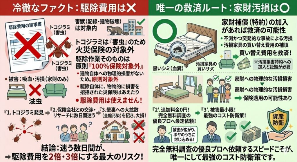 世田谷区でのトコジラミ駆除費用と火災保険の適用実態を解説した図解。虫(害虫)のため駆除費用そのものは原則100%対象外(適用不可)。ただし、血糞で汚損された高級マットレスやブランドソファの買い替えには家財保険(特約)が適用される可能性があり、損害を最小限に抑えるための最速の無料調査が唯一の自己防衛であることを解説。