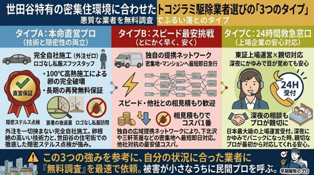 世田谷区のトコジラミ駆除業者を選ぶ3つのタイプ別特徴を解説した図解チャート。近所バレを防ぎ完全自社施工と長期再発保証を徹底する大本命の直営プロ、最短即日で密集地の初期封じ込めと地域最安値に挑戦するスピードコスパ重視店、東証上場企業が運営し深夜のパニックを救う24時間対応窓口の3社の強みを可視化。