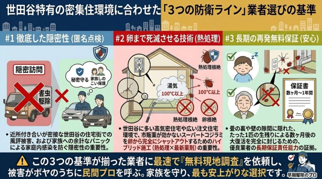 世田谷区のトコジラミ駆除業者を選ぶ3つの絶対基準の図解。近所バレや噂話を防ぐロゴなし一般車両と私服風訪問、注文住宅や分譲マンションの壁裏・畳の卵まで死滅させる100℃高熱スチーム熱処理技術、たった1メスの生残りと再発を防ぐ長期の再発無料保証制度の重要性を解説。