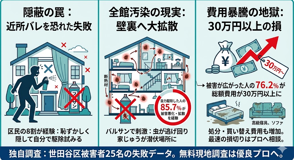世田谷区でのトコジラミ被害者25人のアンケート調査図解。近所バレを恐れて自力駆除(隠蔽)を試みた人の85.7%が壁裏や他部屋へ被害を大拡散させ、全体の76.2%が最終的に駆除費用と高級家具処分代で30万円以上の大損害を被った現実を解説。