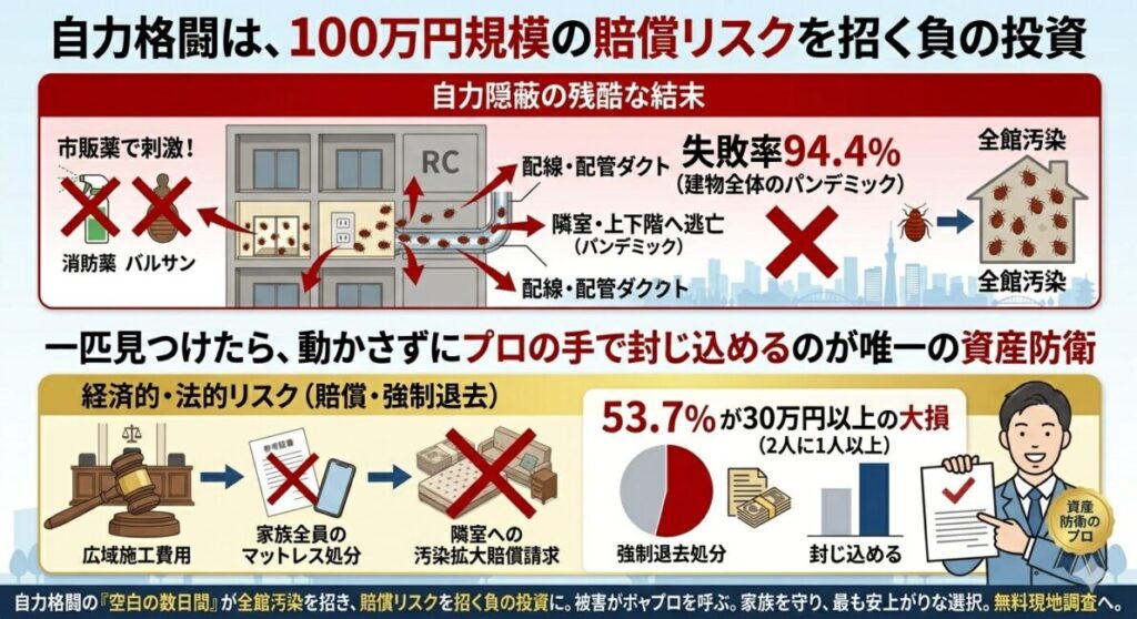 新宿・豊島区のマンション居住者54人のアンケート調査に基づくトコジラミ自力駆除（隠蔽）のリスク解説図解。恥ずかしさから周囲に隠してバルサンやスプレーを使用した人の94.4%が壁の裏（配管ダクトやコンセント奥）を伝って他部屋へ被害を大拡散させ、全体の53.7%が最終的に駆除費用と家財処分代で30万円以上の大損害や隣人への損害賠償リスクを背負った現実を可視化。
