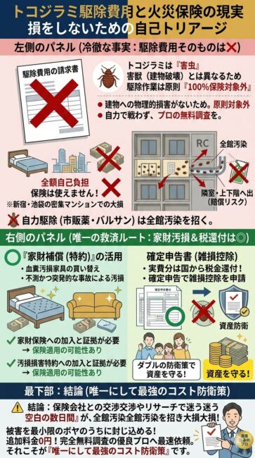 新宿区・豊島区でのトコジラミ駆除費用と火災保険・税金還付の適用実態を解説した図解。虫（害虫）のため駆除費用そのものは原則100%火災保険の対象外。ただし、血糞で汚損された高級マットレスやソファの買い替えには「家財特約」が、実費負担分には国の「雑損控除（所得税還付）」が適用される可能性があり、最速の無料調査が唯一のコスト自己防衛であることを解説。