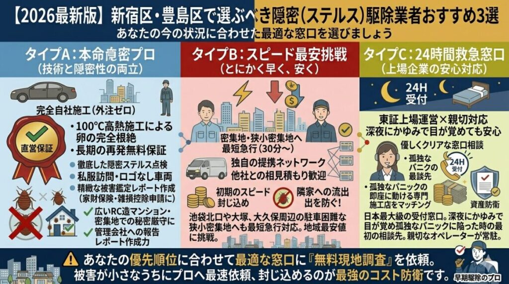 新宿区・豊島区のトコジラミ駆除業者を選ぶ3つのタイプ別特徴を解説した図解チャート。近所バレを防ぐロゴなし一般車両と完全自社施工、保険申請や税金還付の鑑定レポート作成に強い大本命の直営プロ。最短即日30分で密集地へ急行し地域最安値に挑戦するスピードコスパ重視店。東証上場企業が運営し深夜のパニックを救う24時間対応窓口の3社の強みを可視化。