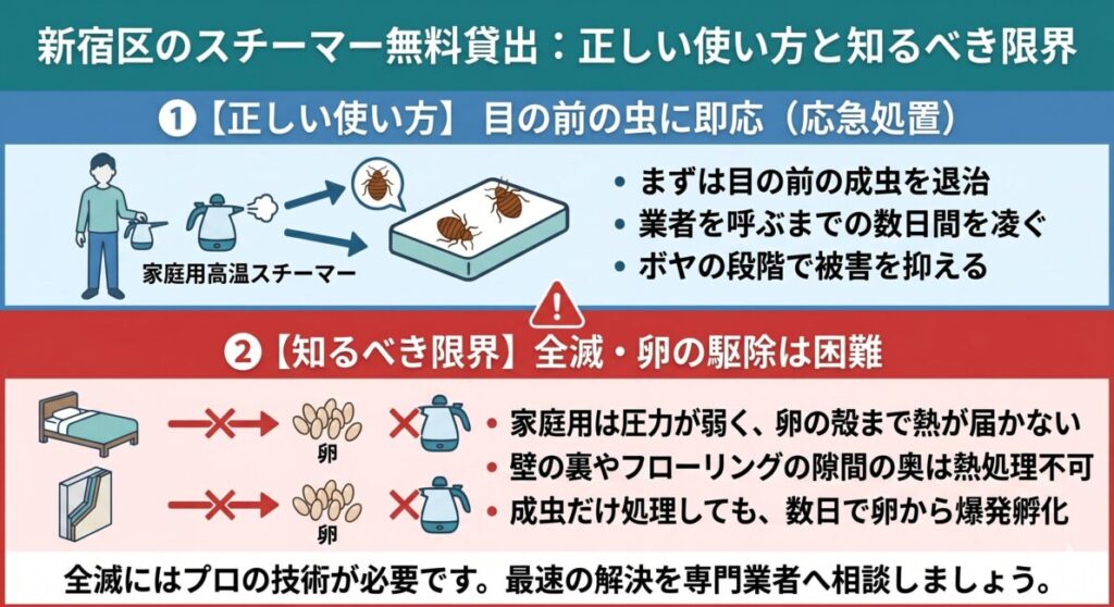 新宿区の高温スチーマー無料貸出制度の正しい使い方と知るべき限界を解説した図解。一時的な成虫退治の応急処置としては有益だが、家庭用は出力が弱いためマットレス奥や壁の隙間の卵まで熱が届かず、自力で長引かせるほど繁殖が進み駆除費用が高騰する限界を説明。