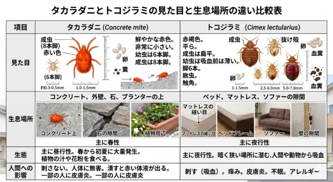 タカラダニとトコジラミの見た目と生息場所の違い比較表