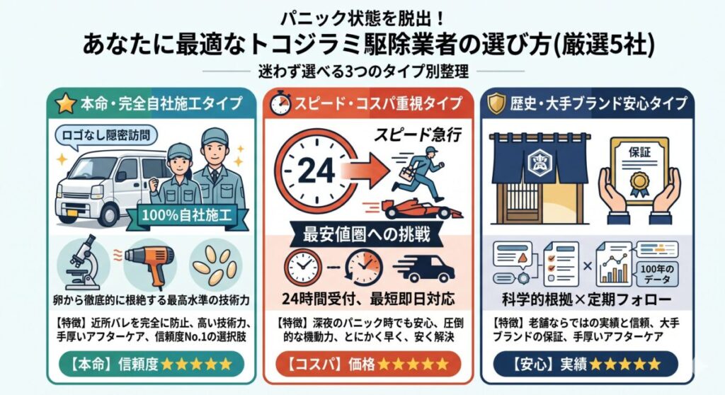 横浜市のトコジラミ駆除業者を選ぶ3つのタイプ別基準の図解。近所バレを防ぐ完全自社施工の本命業者、最短即日で最安値圏に挑戦するスピード重視業者、歴史とアフターフォローが充実した大手ブランド業者の特徴を解説。