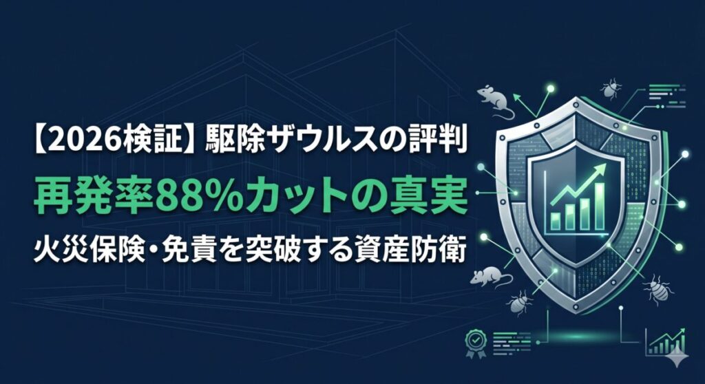 ネズミやトコジラミ、害獣駆除における「駆除ザウルス」のリアルな評判・口コミを建築プロの視点から検証した記事のアイキャッチ画像。洗練されたディープネイビーを基調に、住宅の設計図面と資産を守る強固な盾のイラストを配置。「駆除ザウルスの評判・再発率88%カットの真実・火災保険の免責を突破する資産防衛」という2026年最新の検証テーマ