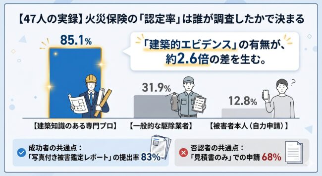火災保険の認定率調査結果：建築プロの鑑定レポートと一般業者の比較グラフ