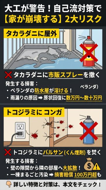 大工が警告する、赤い虫の自己流駆除による資産価値破壊リスクの図解。タカラダニへの市販油性スプレー使用によるベランダ防水層の溶解・雨漏り被害（数万円〜数十万円の損害）と、トコジラミへのくん煙剤使用による隣室への大拡散・高額な損害賠償リスク（100万円超）を対比したインフォグラフィック。