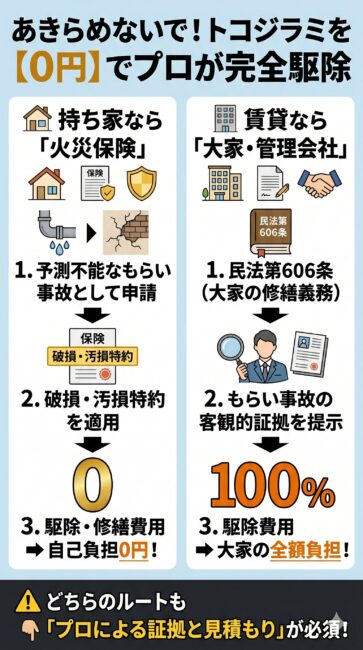 トコジラミのプロ駆除費用を実質0円にするための2つの解決ルート図解。持ち家の場合は火災保険の破損・汚損特約を適用して自己負担0円にする手順、賃貸物件の場合は民法第606条に基づき大家・管理会社の全額負担で駆除するための手順を、ステップ形式で分かりやすくまとめたインフォグラフィック。