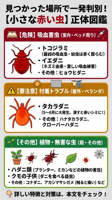 家や庭で見かける小さな赤い虫12種類の正体図鑑のインフォグラフィック。「室内・ベッド周りの危険な吸血害虫（トコジラミ、イエダニなど）」、「屋外・ベランダでシミの原因になる要注意害虫（タカラダニなど）」、「庭やプランターにいる植物害虫・無害な虫（ハダニ、クモの子供など）」の3つのリスク別に分類して特徴をまとめた画像。