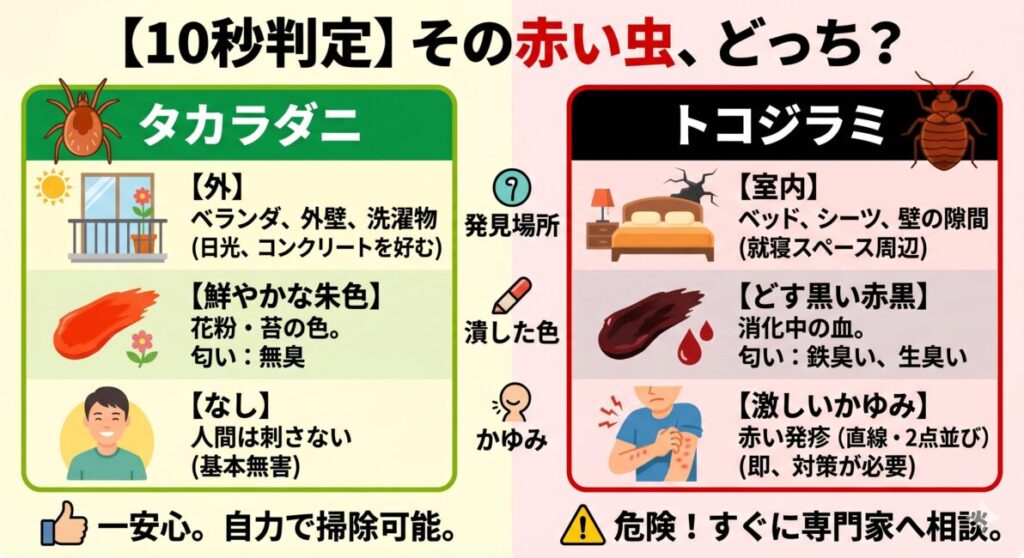 タカラダニとトコジラミを10秒で一瞬で見分けるための比較チェックリスト図解。発見場所（外か、ベッド周辺か）、潰した時の液体の色（鮮やかな朱色か、どす黒い赤黒か）、激しいかゆみや刺され跡の有無（なし、か、ありか）の3つの基準で、どちらの虫かを自己判定できるインフォグラフィック。