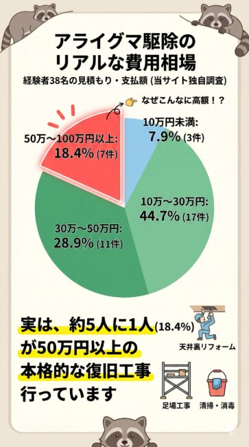 アライグマ駆除の費用相場アンケート調査結果の円グラフ（38名対象）。10万〜30万円が44.7%で最多、50万〜100万円以上の高額な家屋復旧工事を行ったケースも18.4%（約5人に1人）存在することを示す図解。