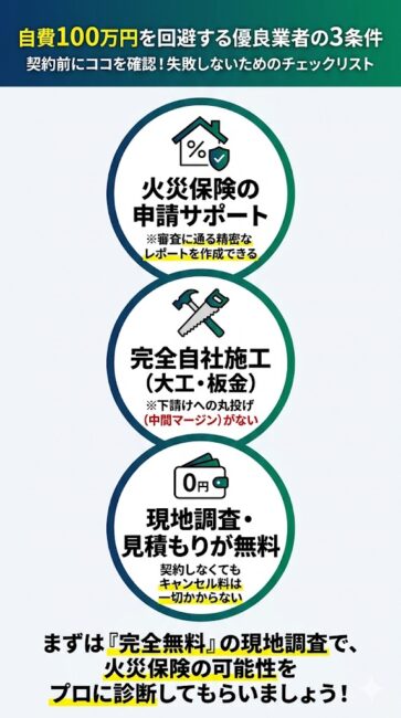 アライグマ駆除の自費100万円を回避・相殺するために選ぶべき優良害獣駆除業者の3つの条件をまとめた図解。1.火災保険の申請サポート実績が豊富、2.下請けへの丸投げがなく中間マージンが発生しない完全自社施工（大工・板金技術あり）、3.現地調査や見積もり提出後のキャンセルが完全無料、という優良大手の見分け方を示したイラスト。