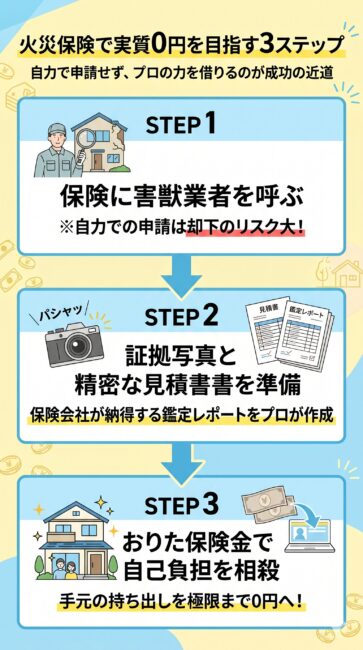 アライグマの家屋被害を火災保険で修繕するための3ステップを解説したフローチャート。ステップ1で保険に強い専門業者に無料調査を依頼し、ステップ2でプロに決定的な被害写真と適正な見積書を用意してもらい、ステップ3で支給された保険金を使って自己負担最小限（実質0円）でリフォームする手順を示した図解イラスト