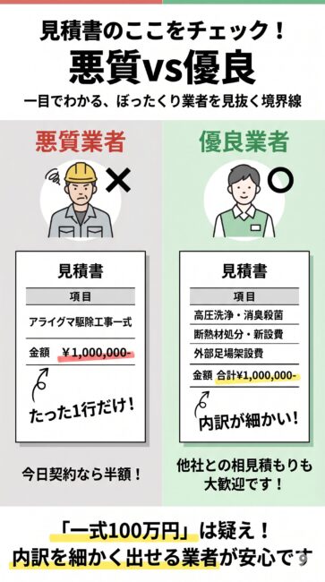 アライグマ駆除の悪質業者と優良業者の見積書の違いを比較した図解。左側には『駆除一式：100万円』としか書かれていない大雑把な悪質見積書と即日契約を迫る手口、右側には『足場代』や『断熱材処分費』など内訳が細かく明記され相見積もりを歓迎する優良業者の特徴を対比したイラスト。