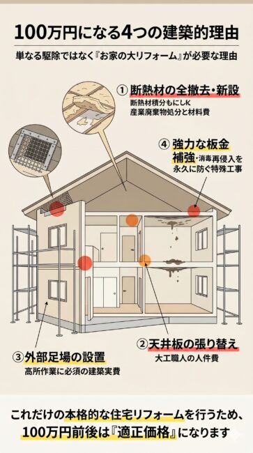 アライグマ駆除が100万円になる4つの建築的要因を解説した住宅断面図の図解。屋根裏の断熱材全交換、大工による天井板の張り替え、高所作業用の外部足場架設、金属板を使った再侵入防止の板金補強工事など、害獣駆除の枠を超えた本格的な住宅リフォームが必要になる仕組みを視覚化したイラスト。