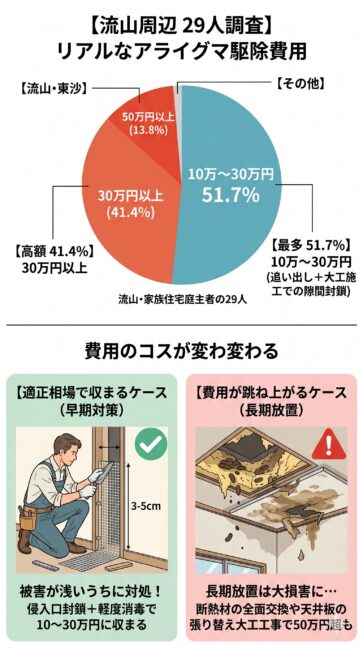 流山市周辺の一戸建てオーナー29人への独自調査によるアライグマ駆除費用の相場図解。全体の51.7%が10万〜30万円の範囲で解決している円グラフを表示。早期に対処すれば大工施工による侵入口の完全封鎖と軽度消毒で適正相場に収まる一方、長期放置すると数十キロのため糞や断熱材の破壊が発生し、天井板の張り替えなどで50万円以上の高額なリフォーム工事が必要になるリスクを対比して解説しているイラスト。