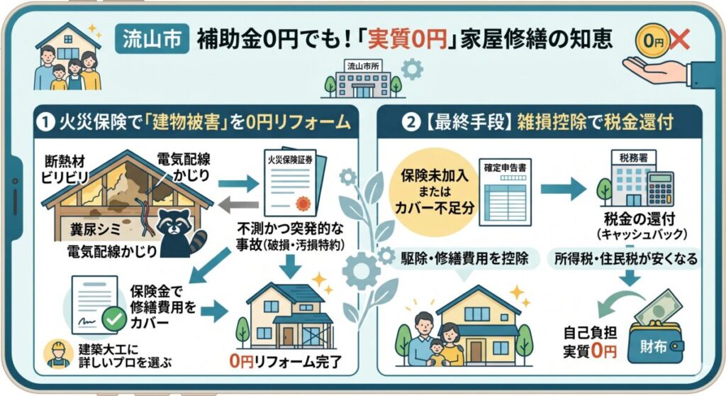 流山市で補助金0円でも火災保険と雑損控除を組み合わせてアライグマの被害を実質0円で修繕する知恵の図解。左側には「①火災保険で建物被害を0円リフォーム」として、断熱材破壊や配線かじり、糞尿シミを「不測かつ突発的な事故（破損・汚損特約）」でカバーしリフォームする流れを解説。右側には「②雑損控除で税金還付」として、保険未加入分やカバー不足分を確定申告で控除し、所得税・住民税の還付によって自己負担を実質0円にする二段構えの防衛術を説明したイラスト。
