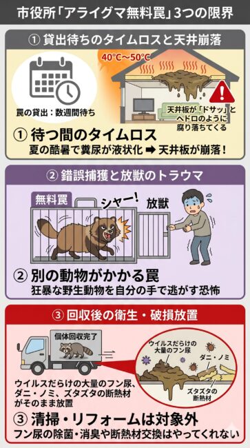流山市役所のアライグマ無料罠に潜む3つの限界と精神的負担の図解。1つ目は、数週間の貸出待ちの間に夏の酷暑で天井裏の糞尿が液状化し、木材を腐らせて天井板が崩落する大工工法のタイムロス。2つ目は、ハクビシンなど別の動物が誤ってかかった（錯誤捕獲）際に自分で檻を開けて放獣する精神的トラウマ。3つ目は、市役所が個体を回収してくれても、屋根裏に残された大量のフン尿の除菌消臭や断熱材の交換リフォームは一切やってくれない私有地内の限界を解説したイラスト。
