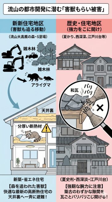 流山市の都市開発が招くアライグマのもらい被害の構造図解。左側は「新興住宅街のリスク」として、宅地開発の重機によって森を追われたアライグマが、ふかふかの断熱材がある快適な最新高断熱住宅の天井裏に逃げ込む背景を描写。右側は「歴史ある住宅街のリスク」として、経年劣化でできた屋根瓦のわずかな隙間を、アライグマが強靭な腕力でバリバリとこじ開けて侵入する築古一戸建ての被害構造を解説しているイラスト。