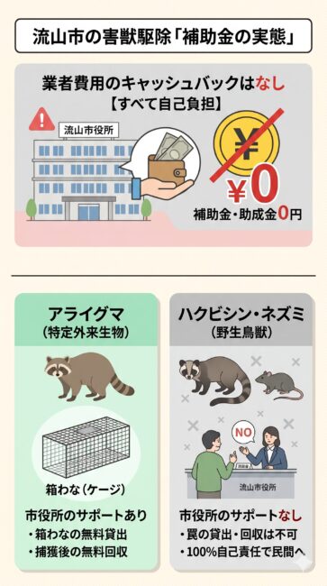 026年現在の流山市における害獣駆除補助金制度と行政サポートの範囲の図解。上部には、民間業者への費用に対する補助金や助成金は一律で「0円（100%自己負担）」であるファクトを表示。下部では害獣ごとの対応の差を解説しており、アライグマ（特定外来生物）は市役所による箱わなの無料貸出や回収がある一方、ハクビシンやネズミ（野生鳥獣）は罠の貸出や駆除サポートが一切なく、100%自己責任で民間業者に頼る必要がある仕組みを対比したイラスト。