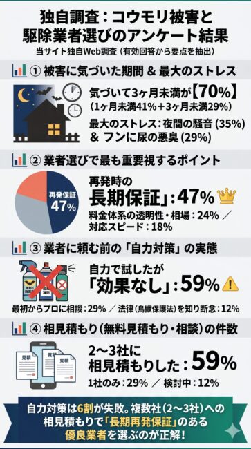 コウモリの被害実態と駆除業者選びに関するアンケート結果の図解インフォグラフィック。被害認識は3ヶ月未満が計70%を占め、最大のストレスは夜間の騒音（35%）とフンの悪臭（29%）。業者選びで最も重視するポイントは『再発時の長期保証（47%）』が最多。また、業者に頼む前に自力対策を試したが『効果がなかった』と答えた人が59%にのぼり、自力駆除の限界を証明。最終的な相談件数は『2〜3社に相見積もりした』が59%であり、複数社を比較して長期保証のあるプロを選ぶ重要性をスマホ向けにグラフ化したイラスト。