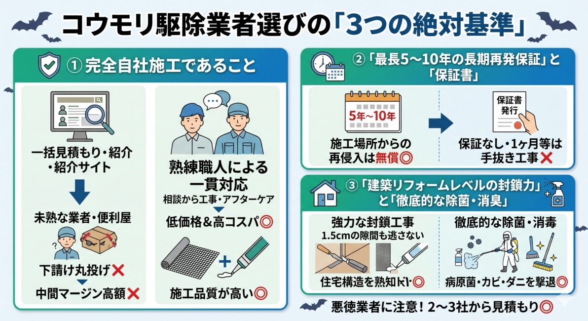 コウモリの被害実態と駆除業者選びに関するアンケート結果の図解インフォグラフィック。被害認識は3ヶ月未満が計70%を占め、最大のストレスは夜間の騒音（35%）とフンの悪臭（29%）。業者選びで最も重視するポイントは『再発時の長期保証（47%）』が最多。また、業者に頼む前に自力対策を試したが『効果がなかった』と答えた人が59%にのぼり、自力駆除の限界を証明。最終的な相談件数は『2〜3社に相見積もりした』が59%であり、複数社を比較して長期保証のあるプロを選ぶ重要性をスマホ向けにグラフ化したイラスト。