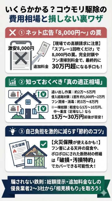 コウモリ駆除の費用相場と料金の不安を解消するポイントをまとめた図解インフォグラフィック。1つ目はネット広告の格安表記の罠として、8,000円等の激安価格はスプレー1回のみで、侵入口封鎖やフン清掃が別料金となり最終的に30万円以上の高額請求になる手口を警告。2つ目は真の適正相場として、追い出し2万〜5万円、封鎖1箇所5,000円〜2万円、フン清掃消毒3万〜8万円、一棟総額の目安（軽度5万〜10万、中重度15万〜30万円前後）を明示。3つ目は費用を抑えるコツとしてフン害による天井腐食や断熱材破損に火災保険の破損汚損特約が適用できる可能性を解説。2〜3社への相見積もりを推奨するスマホ向けイラスト。