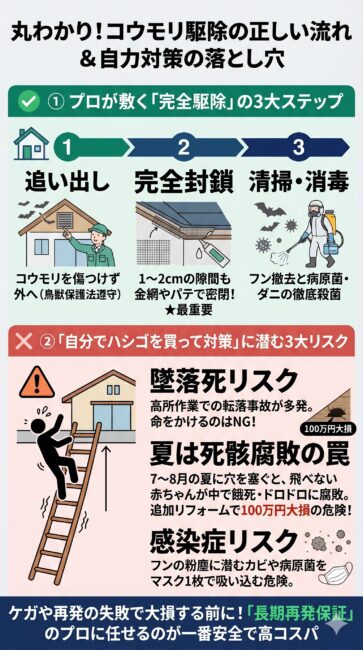 コウモリ駆除の正しい流れと自力対策に潜む致命的なリスクを比較した図解インフォグラフィック。左側にはプロが行う駆除の3大ステップとして、鳥獣保護法に準拠した追い出し、1〜2cmの隙間をパテや金網で塞ぐ最も重要な侵入口封鎖工事、フン撤去と病原菌・ダニを撃退する清掃・消毒の流れを提示。右側には自力対策の3大リスクとして、2階軒下などの高所作業に伴う墜落死リスク、7〜8月の夏に穴を塞ぐことで飛べない子供が天井裏で餓死・腐敗し追加リフォーム100万円の大損害を招く罠、フンの病原菌による感染症リスクを警告。安全で再発のない長期保証のプロに頼む価値をスマホ向けにまとめたイラスト。