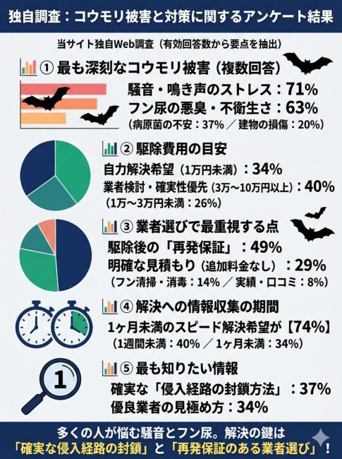 コウモリ被害の対策に関する独自アンケート結果の図解インフォグラフィック。最も深刻な被害は『騒音・鳴き声（71%）』と『フン尿の悪臭・不衛生さ（63%）』が最多。費用の目安では自力希望（1万円未満）が34%、業者依頼検討（3万円以上）が計40%。業者選びで最も重視する点は『駆除後の再発保証（49%）』、情報収集期間は1ヶ月未満のスピード解決希望が計74%を占める。最も知りたい情報は『確実な侵入経路の封鎖方法（37%）』であり、コウモリ対策における再発防止と封鎖の重要性をスマホ向けにグラフ化したイラスト。
