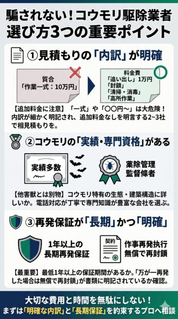 失敗しないコウモリ駆除業者の選び方3つのポイントをまとめた図解インフォグラフィック。1つ目は『見積もりの内訳が明確か』として、高額な追加料金を請求されかねない駆除一式などの大まかな見積もりを警告し、追い出し・封鎖・清掃消毒・高所作業など項目が細かく分かれた透明性のある見積もりと相見積もりを推奨。2つ目は『実績と資格があるか』として専門知識や衛生管理資格、丁寧な電話対応の重要性を解説。3つ目は『再発保証が長期かつ明確か』として最低1年以上の保証期間と無償での再対応が明記されているかを確認するよう、スマホ向けに文字量を抑えて視覚化したイラスト。