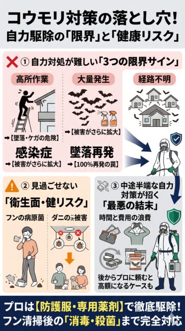 コウモリの自力駆除における限界と健康・衛生リスクをまとめた図解インフォグラフィック。自力対処が難しい3つの限界として、2階軒下などの高所作業に伴うケガの危険、数十匹単位の大量発生による被害拡大、1〜3cmの隙間を見落とすことによる再発リスクを解説。さらに、フンの粉塵吸入による肺の感染症リスクや、残されたイエダニが部屋に降りてきて人やペットを刺す二次被害といった健康リスクを警告。中途半端な自力対策が時間と費用の浪費に繋がり、最終的なプロへの依頼費用が高くなるデメリットを提示し、防護服での清掃や消毒殺菌まで徹底するプロへの相談を推奨するスマホ向けイラスト。