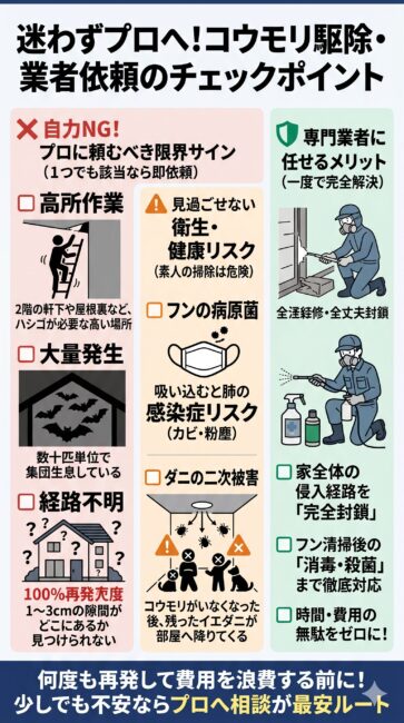コウモリ駆除を自分でやらずにプロの専門業者に依頼すべきチェックポイントをまとめた図解インフォグラフィック。自力での対処が難しい限界サインとして、2階軒下などの危険な高所作業、数十匹単位の大量発生、1〜3cmの隙間を見落とす侵入経路の特定困難なケースを解説。さらにフンの粉塵吸入による肺の感染症リスクや、残されたイエダニが部屋に降りてくる二次被害といった見過ごせない健康リスクを提示。中途半端な対策で何度も再発し費用や時間を浪費する前に、防護服や専用薬剤での完全封鎖から消毒・殺菌まで一貫してこなすプロに頼むべき判断基準をスマホ向けに視覚化したイラスト。