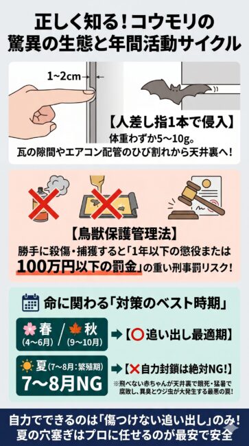 日本のイエコウモリ（アブラコウモリ）の生態と年間活動サイクルをまとめた図解インフォグラフィック。人差し指が入るわずか1cmから2cmの隙間から這い入る驚異の侵入能力をイラストで解説。法律（鳥獣保護管理法）により勝手な捕獲や殺傷は100万円以下の罰金となる刑事罰リスクを警告。さらに春と秋は追い出しの最適期である一方、7〜8月の夏は繁殖期のため自力で侵入口を塞ぐと飛べない赤ちゃんコウモリが天井裏で餓死・腐敗し、猛烈な異臭と害虫大発生の生き地獄を招く罠を解説したスマホ向けイラスト。