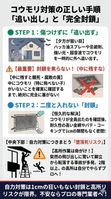 コウモリを傷つけずに安全に追い出し、侵入対策を行う正しい手順の図解インフォグラフィック。STEP1は夕方にハッカ油スプレーや光・超音波を使ってコウモリを外へ出す『追い出しの基本』。次に最重要注意点として中に飛べない子供などが残ったまま塞ぐと天井裏で餓死・腐敗する罠を警告。STEP2は全員が出た後に耐久性の高い金網やパテ・コーキングで1cmの隙間もなく密閉する『安全な封鎖作業』。最後に、2階軒下などの高所作業で脚立から転落・墜落死する危険なリスクを解説し、高所や完全封鎖が難しい場合はプロへ任せるべき理由をスマホ向けにまとめたイラスト。