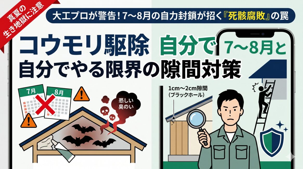 【大工プロが警告】コウモリ駆除を自分でやる限界の隙間対策！7〜8月の自力封鎖が招く「死骸腐敗」の罠