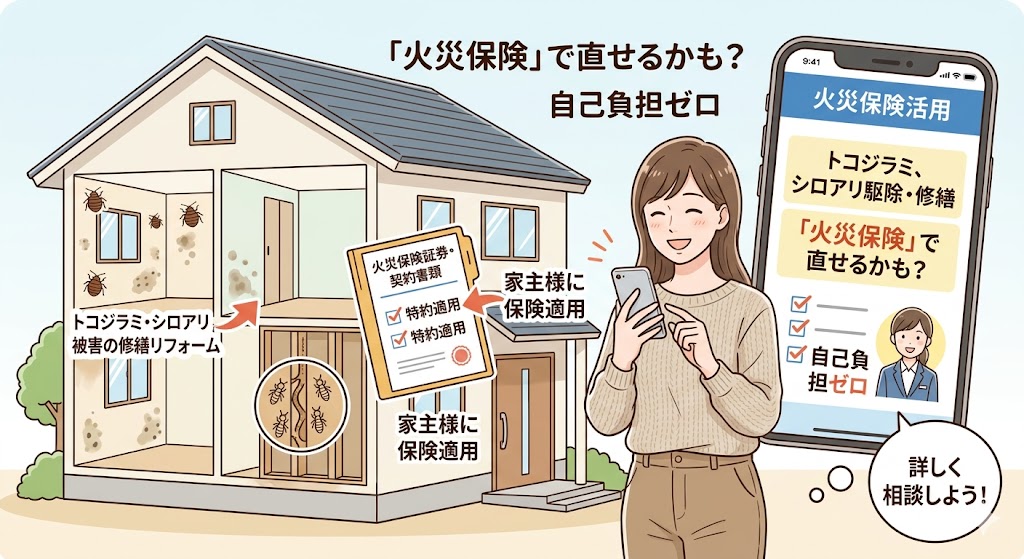 トコジラミやシロアリによる家の修繕に、火災保険の「破損・汚損特約」が適用され、自己負担なしでリフォームできる可能性があることを、家を背にした女性がスマートフォンで確認している様子を描いた図解。業者への相談を促すメッセージ付き。