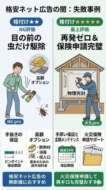 害虫駆除業者選びの失敗事例の図解。格付け★★のNG施工では、目の前の虫だけ駆除し、簡易的な道具と殺虫剤で目の前の虫を駆除、追加工事（断熱材、消毒、侵入口）、保証内容（ピンポイントの保証期間ラベル）。成功事例の格付け★★★★★の大工プロは、家の断面図（基礎、外壁、天井裏）を修理、物理完封（すべての侵入ルート）、保証内容（最長10年のラベル、カレンダー）、保険申請完璧。どの業者がどのようなタイプの人におすすめかが一目でわかるインフォグラフィック。