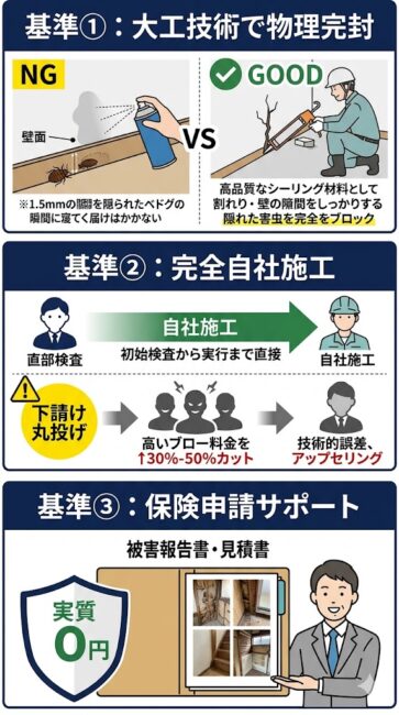 【2026年最新】大工プロが重視する害虫駆除業者選びの3つの絶対基準の図解。1つ目は「物理完封施工の有無」で、スプレーだけのNG施工と、1.5mmの隙間まで大工技術で塞ぐGOOD施工の比較。2つ目は「完全自社施工」で、30〜50%の中間マージンを中抜きして技術ガチャや強引な営業を行う下請け丸投げマッチングサイトと、一貫対応で高品質な自社施工の違いを解説。3つ目は「火災保険申請サポート」で、アジャスターを納得させる高精度な被害報告書を無料作成し、自己負担0円（実質無料）に導く様子を描いたインフォグラフィック。
