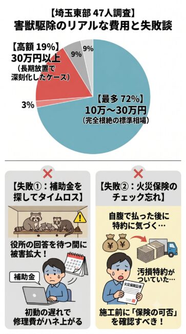 埼玉県東部（越谷・春日部・上尾）の害獣駆除経験者47人への独自調査による費用相場と失敗談の図解。全体の72%が10万〜30万円の範囲で解決している費用実態の円グラフを表示。下部には経験者が後悔した2大失敗談を解説しており、1つ目は補助金を調べているうちに日数が経ち天井裏で害獣が繁殖して被害が拡大した失敗、2つ目は施工前に火災保険の汚損特約をチェックし忘れて自腹を切ってしまった失敗を対比。補助金を探す時間をプロによる無料の保険適用鑑定に切り替える重要性を解説したイラスト。