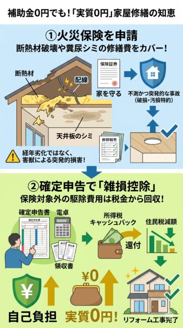 越谷・春日部市で補助金が出なくても、火災保険と雑損控除を組み合わせて害獣被害を実質0円で修繕する仕組みの図解。左側には「①火災保険の活用」として、アライグマ等に荒らされた断熱材の破壊や糞尿シミ、配線被害を破損・汚損特約（不測かつ突発的な事故）で申請し、大工補修や断熱材交換の費用をカバーするルートを描写。右側には「②確定申告の雑損控除の活用」として、保険適用外となった純粋な駆除作業費用などの自己負担分を、災害に準ずる損失として申告し、所得税の還付や住民税の減額で回収する二段構えの資産防衛術を解説したイラスト。