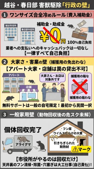 2026年現在の越谷市・春日部市における害獣駆除補助金制度と行政サポートの限界の図解。上部には、民間業者への費用に対する補助金や助成金が一律「0円（100%自己負担）」である現実を表示。中部には、アパート大家・管理会社・店舗などの事業者は市役所の無料罠貸出・回収サポートが一切対象外（お断り）となるシビアな壁を描写。下部には、一般家庭であっても市役所が対応するのは屋外での個体回収のみであり、天井裏に残されたフン尿の除菌清臭や断熱材交換、大工工事による侵入口封鎖は一切やってくれない私有地内の限界を対比して解説したイラスト。